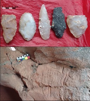 Puntas de Proyectil de Puesto Jofre 2 (arriba); Arte rupestre en La Arisca (abajo)