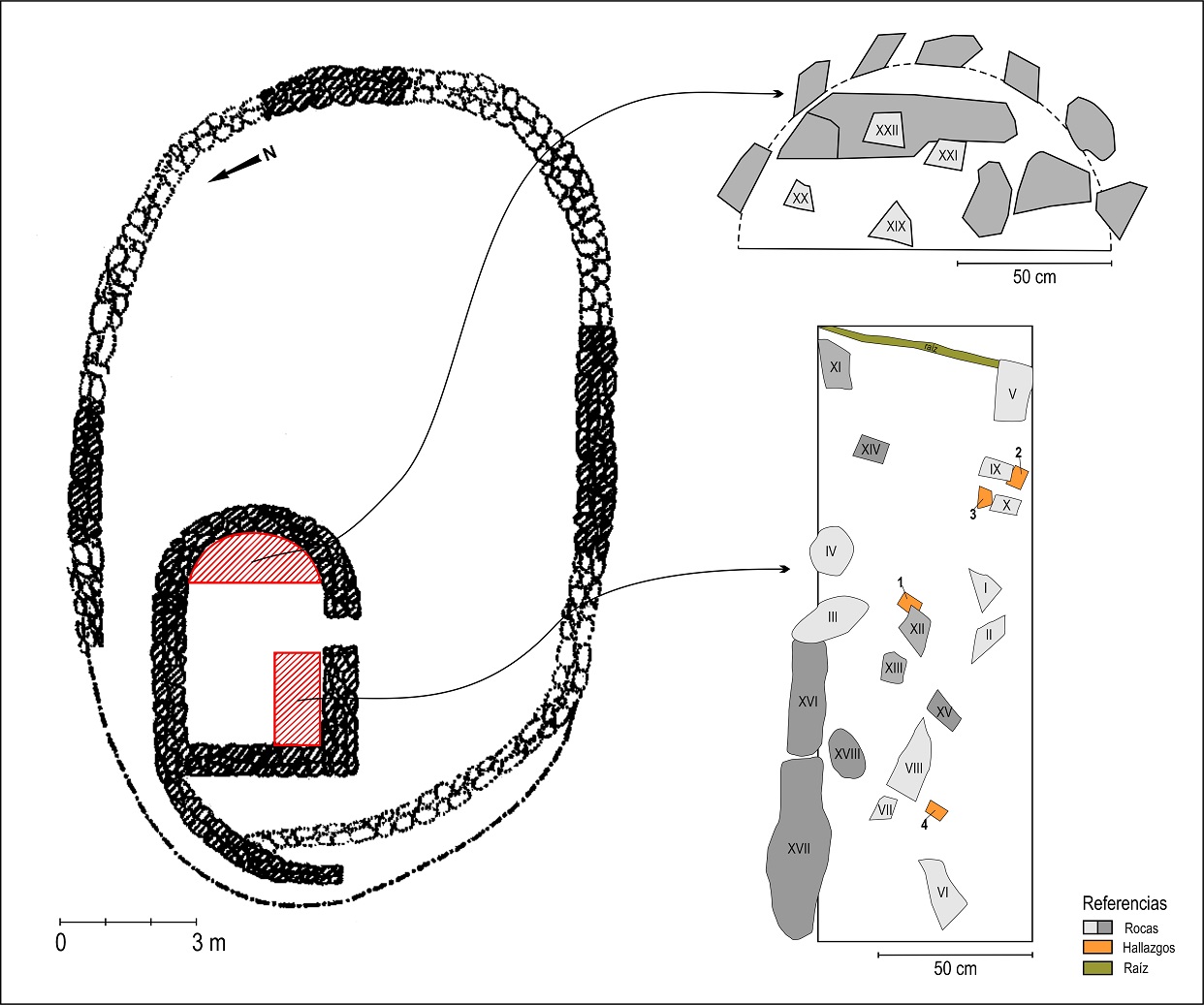 Plano de planta de la estructura y detalle de las áreas excavadas.
